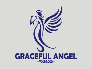 elegant angel line art vector illustration, graceful dark blue illustration of an angel with flowing wings, minimalist angel wings vector for spiritual and memorial logos. elegant angel in prayer