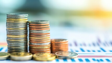A closeup shot of stacked coins and banknotes