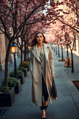 Fototapeta premium City Walk: Elegant Woman Explores Springtime City