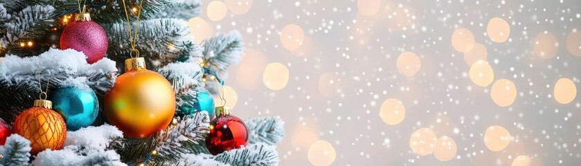 A cozy Christmas scene featuring a snowcovered fir tree adorned with colorful decorations, twinkling lights in the background, and a warm, festive atmosphere