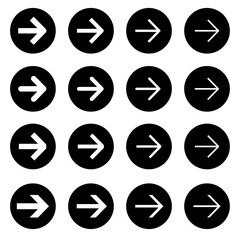 Set of  Arrows with White Background in different stroke style and weight over a black icon background