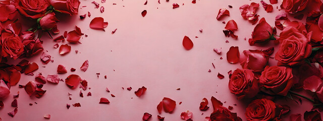 A top-view of red roses and rose petals on pink background, with ample copy space for Valentine's Day promotions, featuring award-winning color grading and detailed photography.