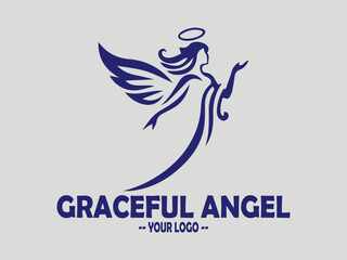 elegant angel line art vector illustration, graceful dark blue illustration of an angel with flowing wings, minimalist angel wings vector for spiritual and memorial logos. elegant angel in prayer