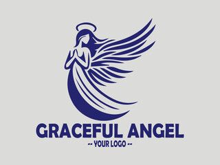 elegant angel line art vector illustration, graceful dark blue illustration of an angel with flowing wings, minimalist angel wings vector for spiritual and memorial logos. elegant angel in prayer