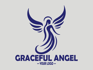 elegant angel line art vector illustration, graceful dark blue illustration of an angel with flowing wings, minimalist angel wings vector for spiritual and memorial logos. elegant angel in prayer