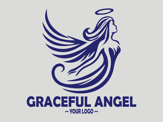 Fototapeta premium elegant angel line art vector illustration, graceful dark blue illustration of an angel with flowing wings, minimalist angel wings vector for spiritual and memorial logos. elegant angel in prayer