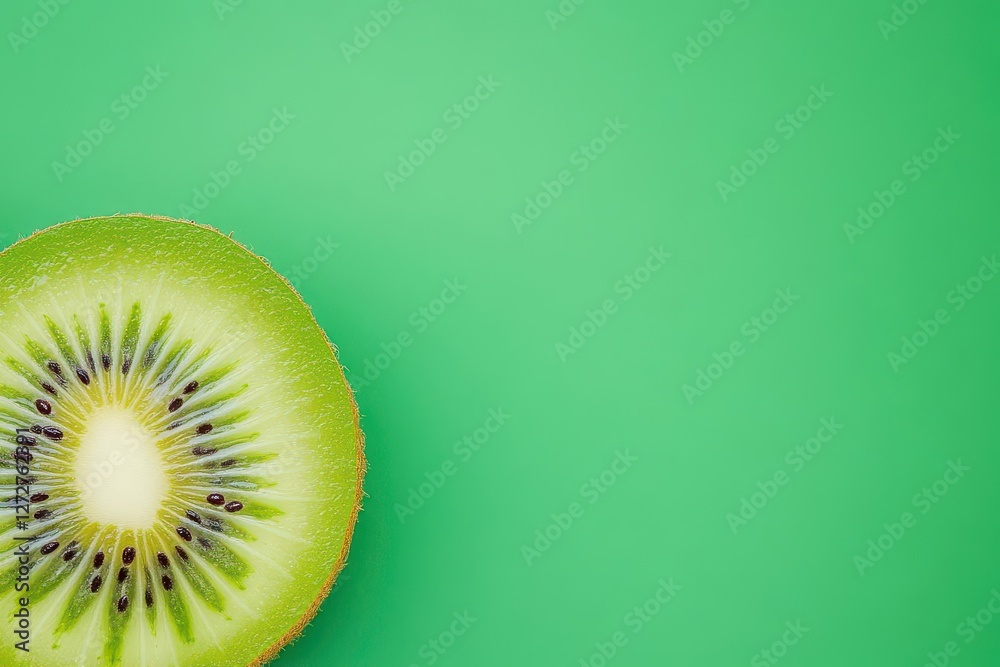 Poster a slice of kiwi fruit on light green background with seeds and juicy texture