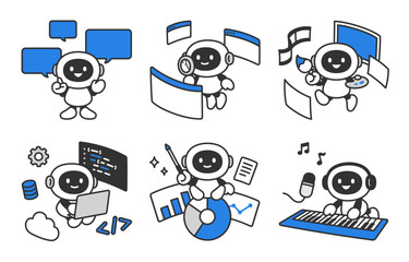 会話･調査･生成･プログラミングをするAIロボットのセット【ベクターイラスト素材】