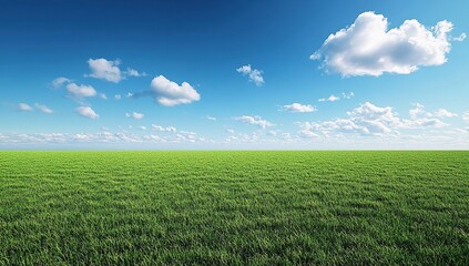 Obraz premium Vast Green Field Under a Blue Sky with Fluffy Clouds: Serene Nature Landscape