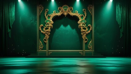 Green golden ceremony award stage venue background.