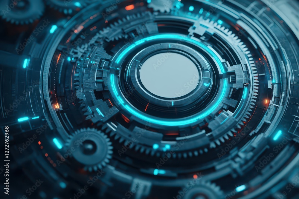 Poster Abstract Blue Mechanical Gears System with Metallic Structure and Technical Details