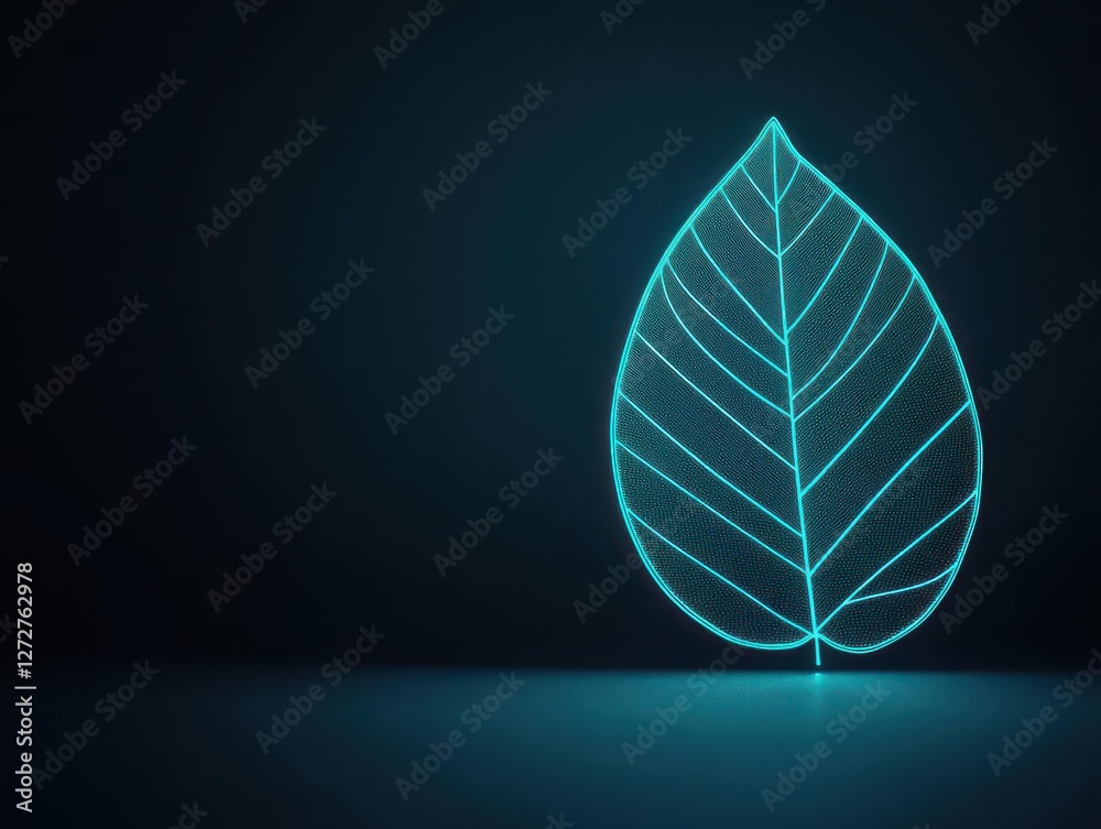 Aufkleber abstract blue glowing digital leaf structure on dark reflective surface