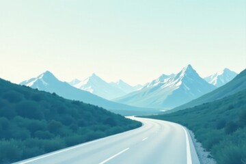 Serene Winding Road Through Majestic Mountain Range Under a Pale Sky