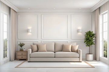 Fototapeta premium Interior Living Room, Empty Wall Mockup In White Room With Sofa, 3d Render Real Room Mockup photo
