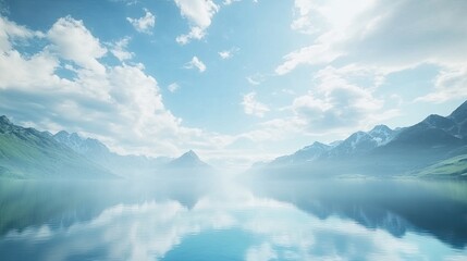 A time-lapse of clouds shifting across the sky above a tranquil lake, creating a peaceful, serene atmosphere as the landscape evolves with the cloud movements. 