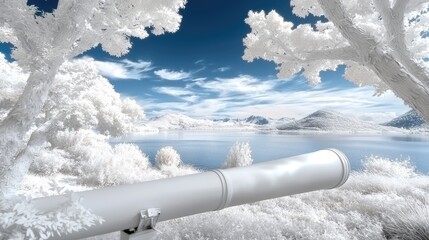 Snowy landscape view through antique telescope.  Possible stock photo use