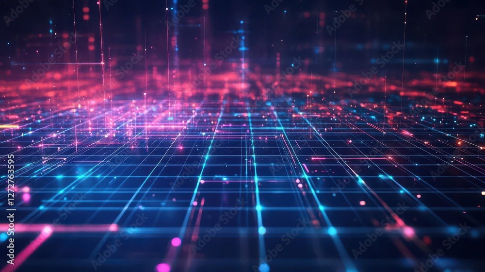 Poster Abstract Digital Network Background with Glowing Blue and Red Lines and Data Points