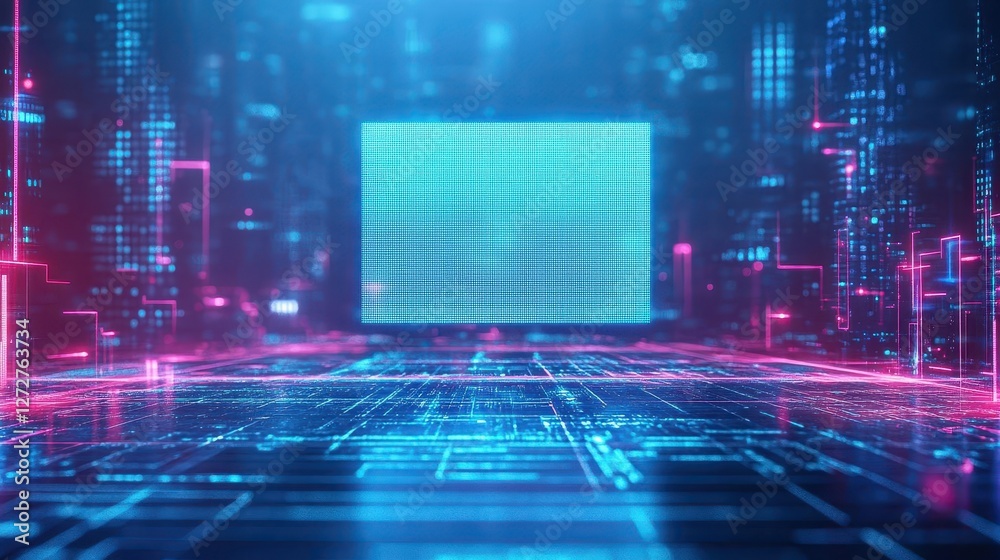 Poster abstract digital technology background with glowing blue and pink grids and cyberpunk aesthetic