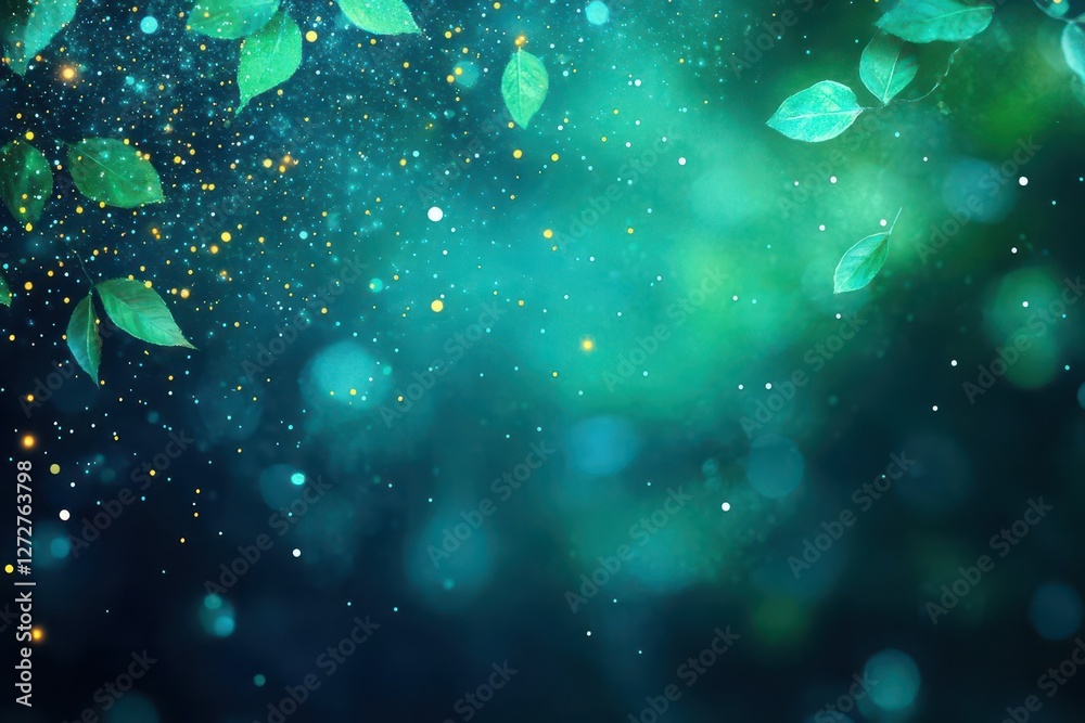 Aufkleber abstract emerald and turquoise bokeh background with glittering light and green leaves