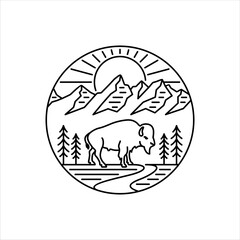 Bison in grand teton mountain with simple line style design
