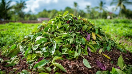 Obraz premium Fresh Organic Green Leaves Compost Heap in Sunny Agricultural Field