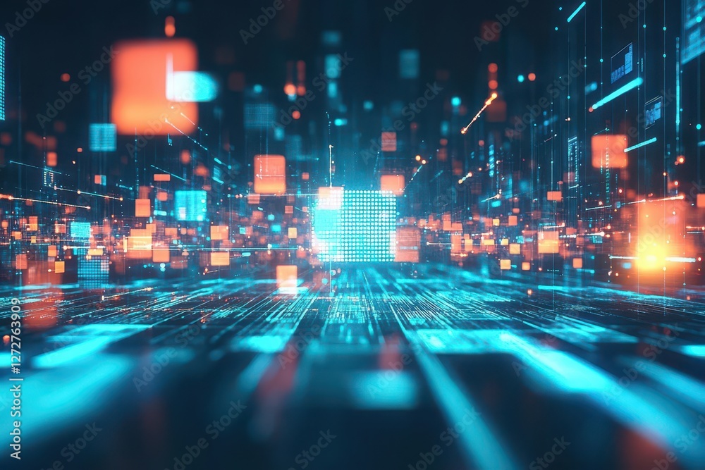 Poster abstract futuristic digital network with glowing blue and orange blocks