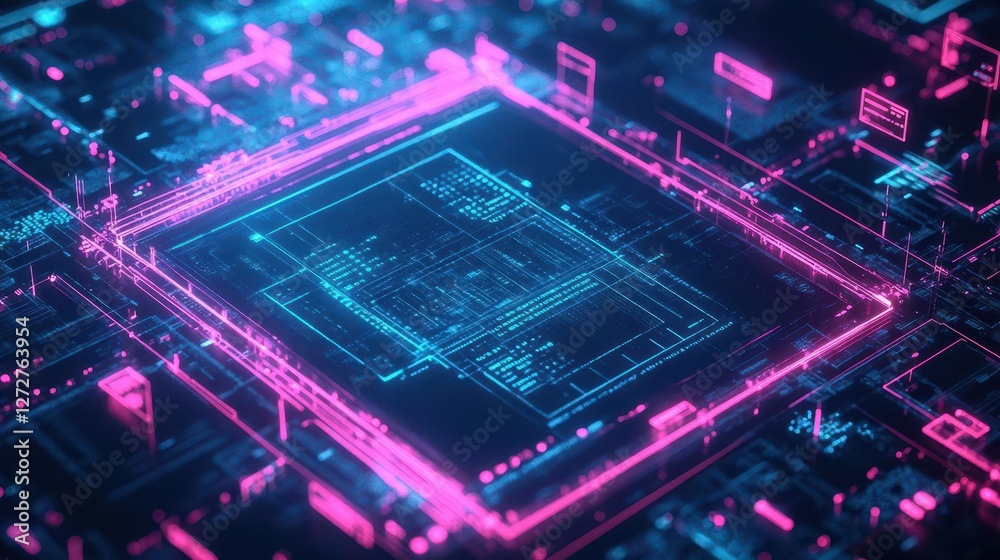 Aufkleber abstract futuristic microchip circuit board with pink and blue neon glow design