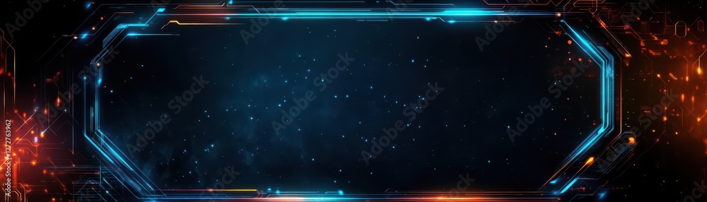 Poster abstract futuristic technology frame with glowing neon lights on dark space background