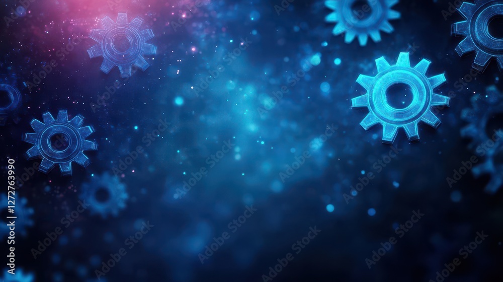 Poster Abstract Gears on Dark Blue Background with Bokeh Lighting and Futuristic Design