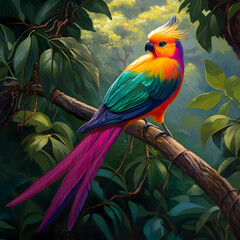 Fototapeta premium A vibrant rainbow-colored bird with a long, elegant tail perched gracefully on a tree branch, surrounded by lush green leaves