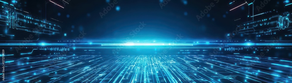 Poster abstract glowing circuit board network technology background in blue tones