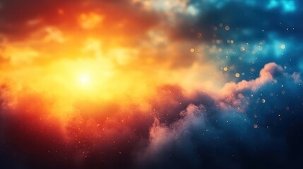 Fototapeta premium Abstract Golden and Blue Cloudscape with Shimmering Lights in Ethereal Sky