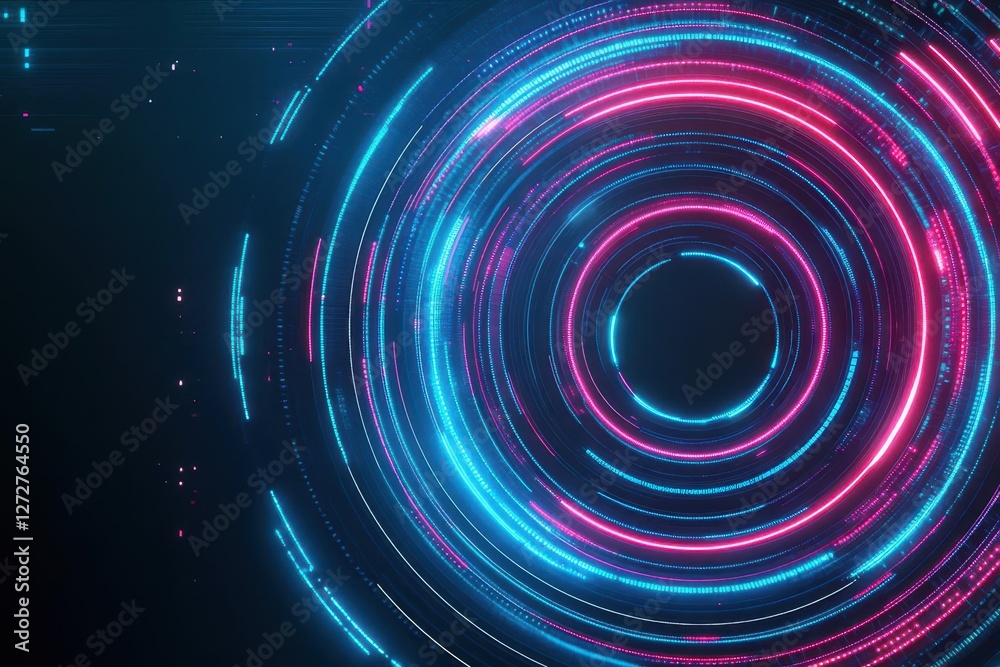 Poster abstract neon circles background with vibrant glowing lights in dark environment