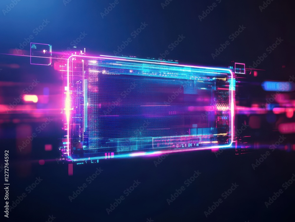Leinwandbilder Abstract Neon Lit Futuristic Frame with Complex Digital Data Visualization on Black