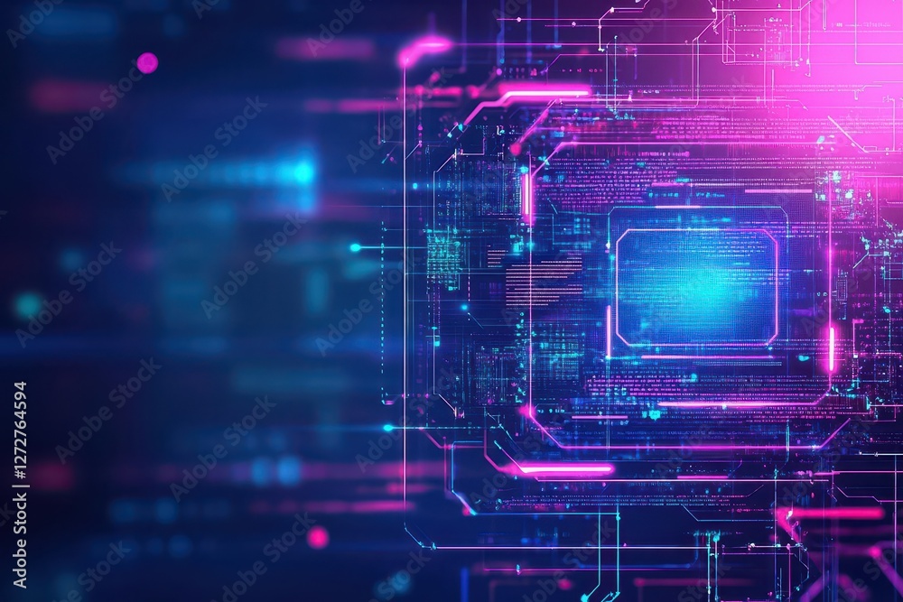 Poster abstract neon circuit board background in blue and magenta with futuristic glow