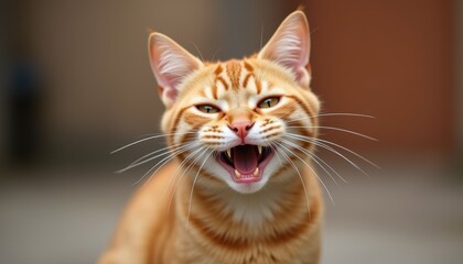 Fototapeta premium Cute smiling kitten with a charming expression, Ginger fur adds to the cat's appeal.