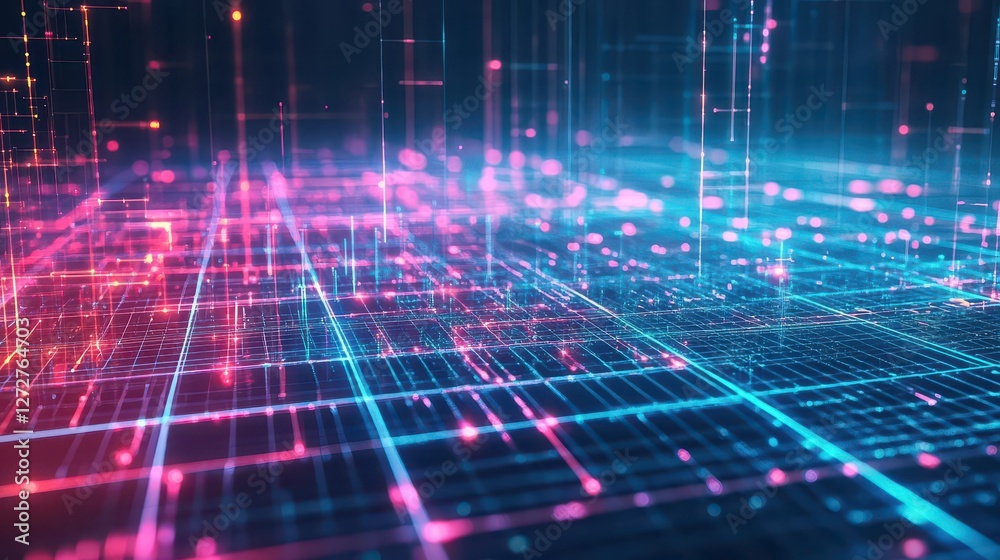 Poster Abstract Network of Pink and Blue Digital Data Streams with Glowing Lines