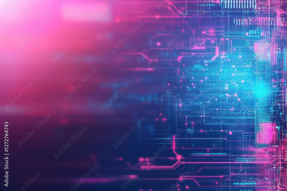 Poster Abstract Pink and Blue Circuit Board Background with Data Streams and Glowing Lines