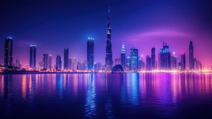 Obraz premium Night skyline featuring illuminated buildings and reflections on water.