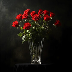 Obraz premium A vase filled with red roses on a black background