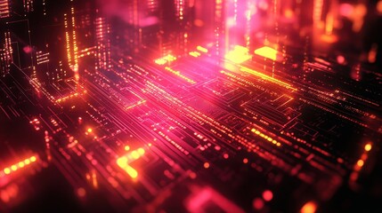 Obraz premium Futuristic computer circuit board with glowing lights and neon data streams in a sci-fi tech aesthetic