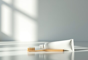 Daylight Dental Care: Simple White Toothpaste Tube and Toothbrush Set on a White Table, Perfect for Clean Beauty, Oral Hygiene Product Photography, and Healthcare Marketing.

