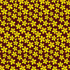 PrintSeamless vector floral pattern with abstract small flowers and leaves in yellow colors on black background for fabric or textile design. Ditsy print.