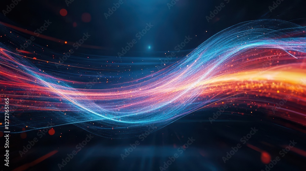 Poster abstract wave of glowing particles in blue and red over dark background