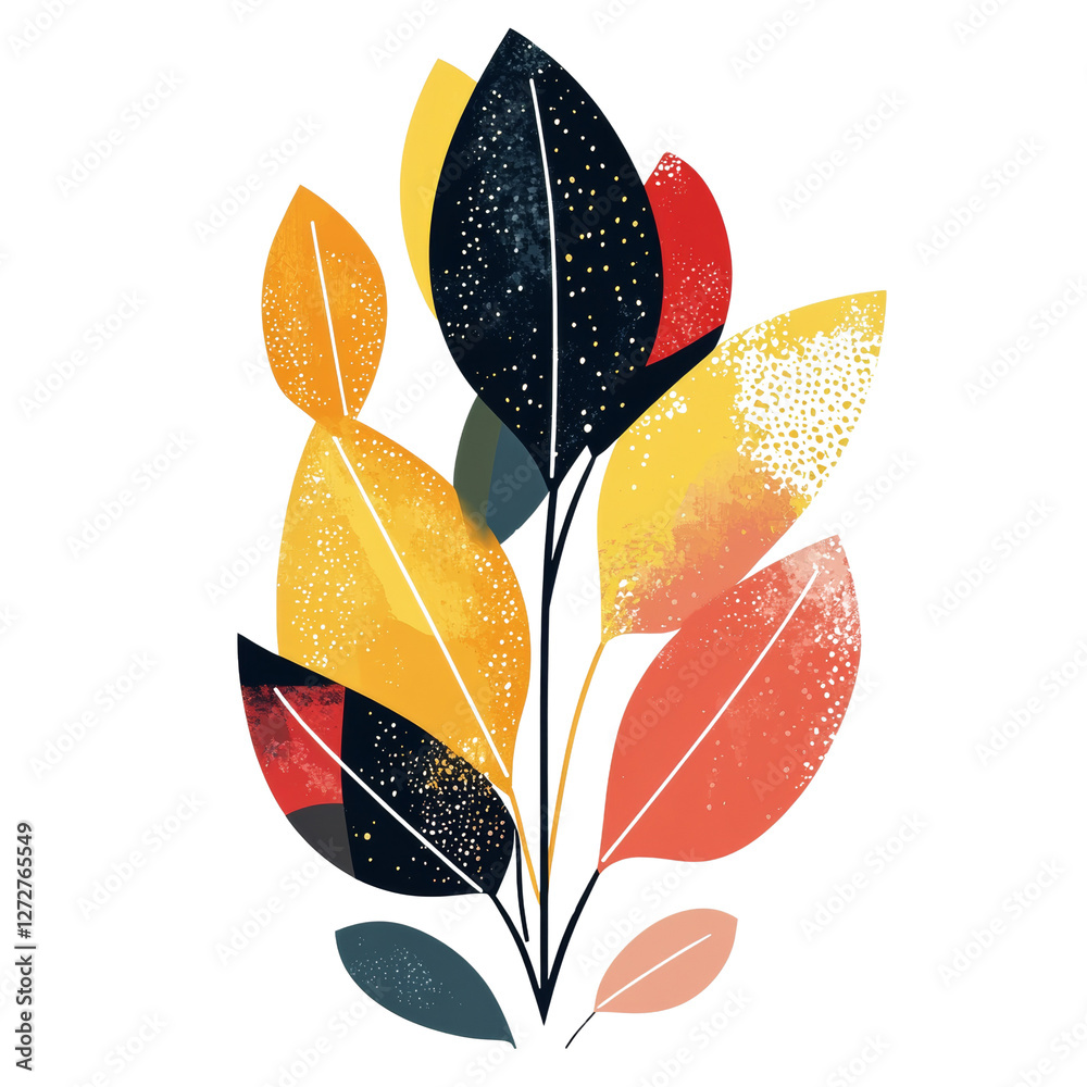Poster abstract botanical illustration with colorful leaf and intricate textures