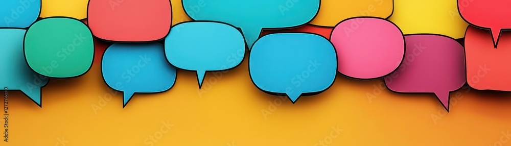 Poster arrangement of colorful speech bubbles on an orange background for dialogue