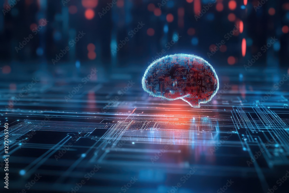 Poster Artificial Intelligence Brain Illuminated On Digital Circuit Board Background