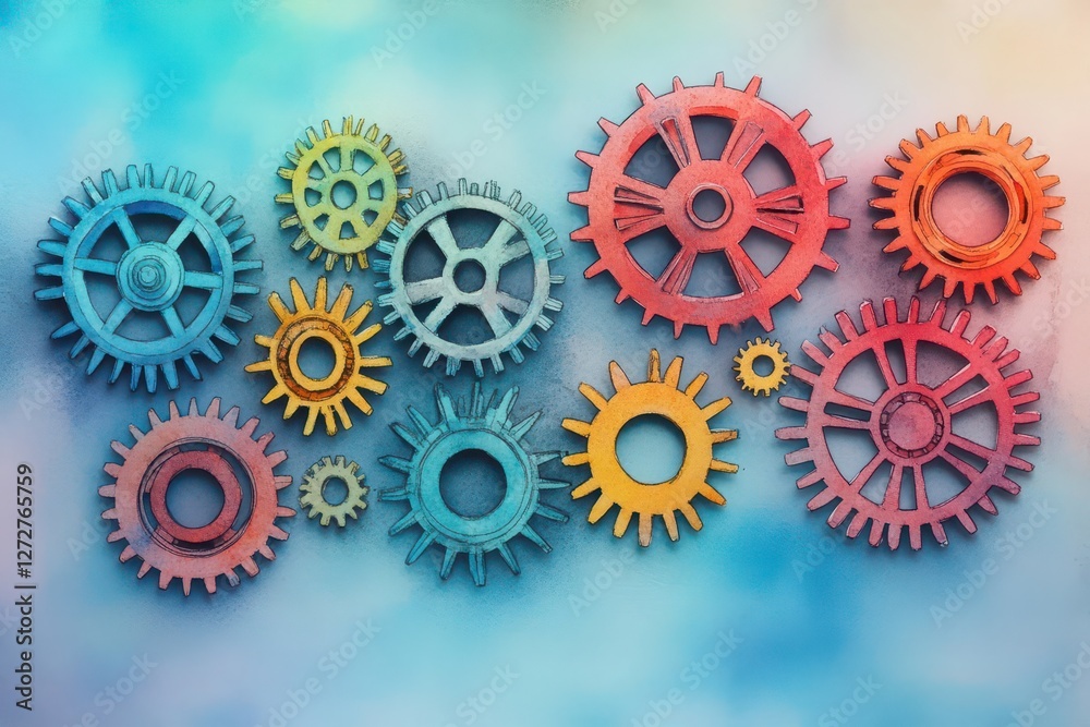Poster arrangement of gears in blue orange and red on a soft textured background