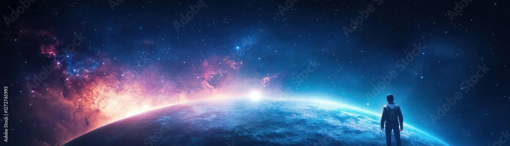 Poster astronaut standing on planet surface with blue and red nebula in the background