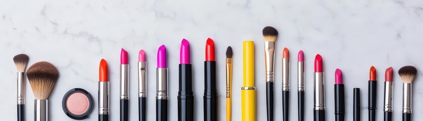 Obraz premium Assorted Lipsticks and Brushes Neatly Arranged on a White Marble Background in Flat Lay Style